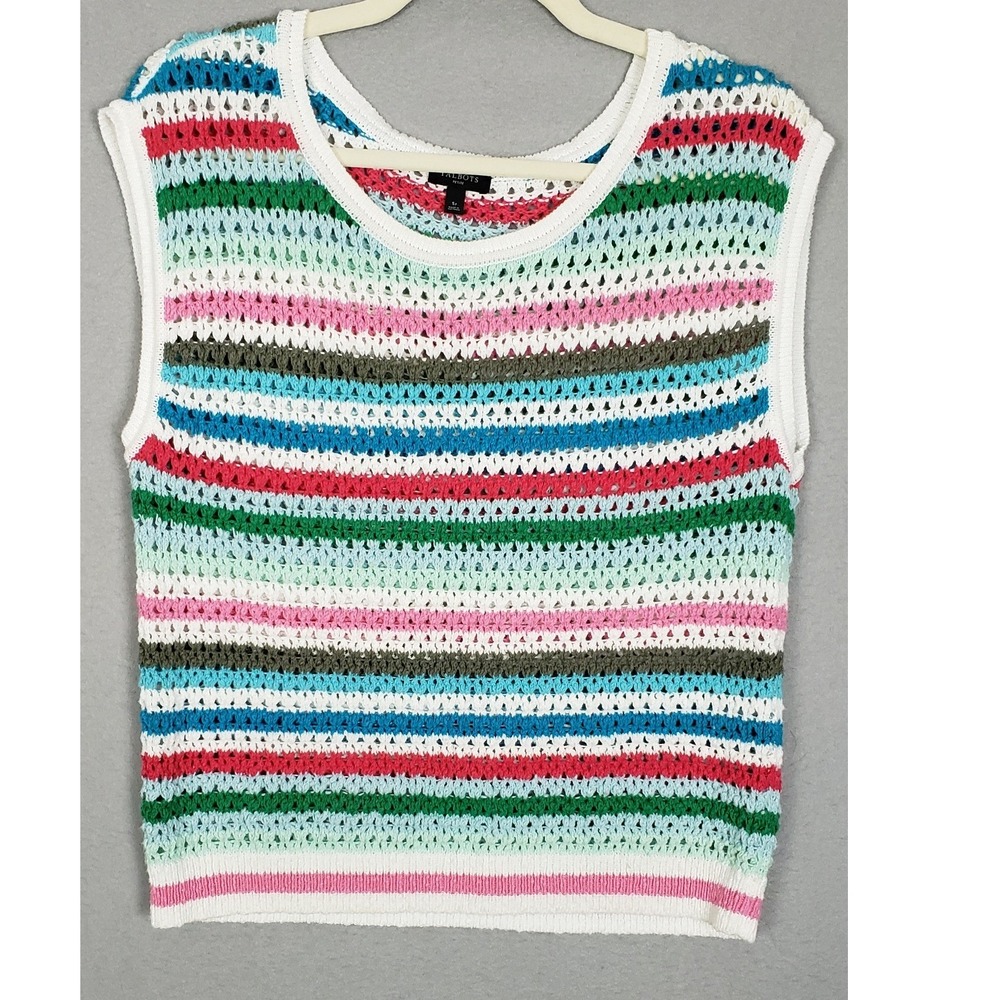 Talbots Crochet Sweater Vest Colorful Stripe Pullover Summer Hippie Boho Size SP